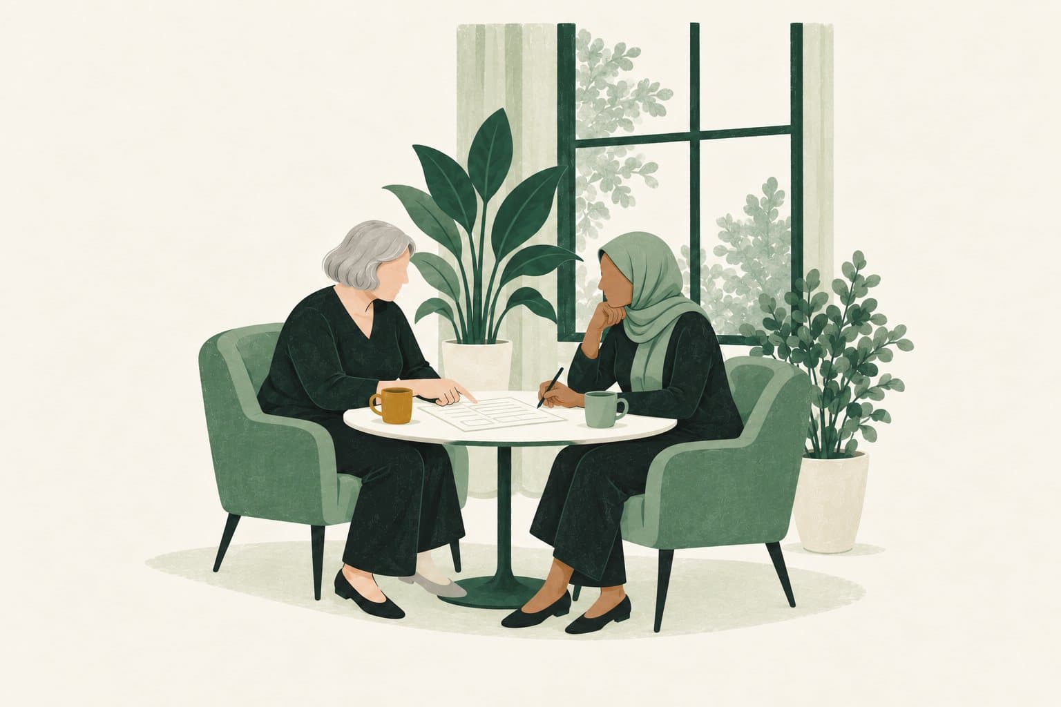 Painted illustration of a supervisor and an associate reviewing hours together at a small table