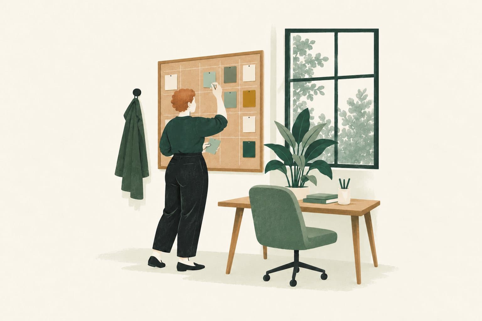 Painted illustration of an associate pinning cards to a weekly board beside a desk