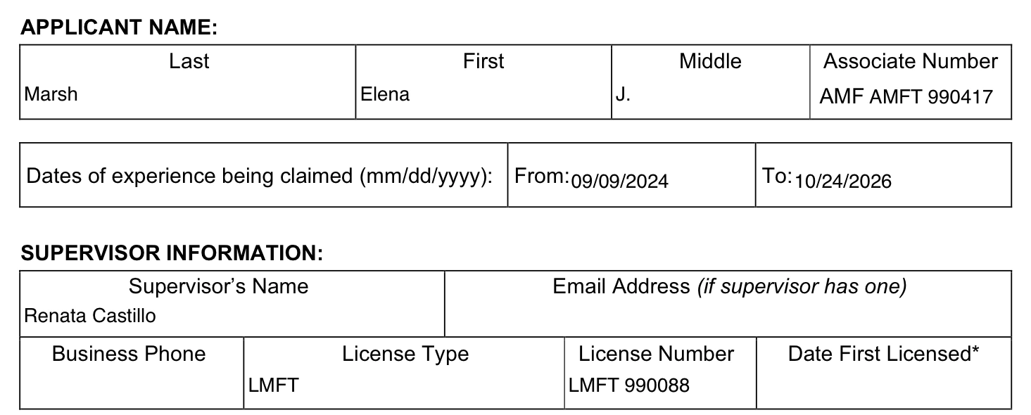 The applicant and supervisor sections of a California BBS in-state experience verification form, filled in for a sample associate